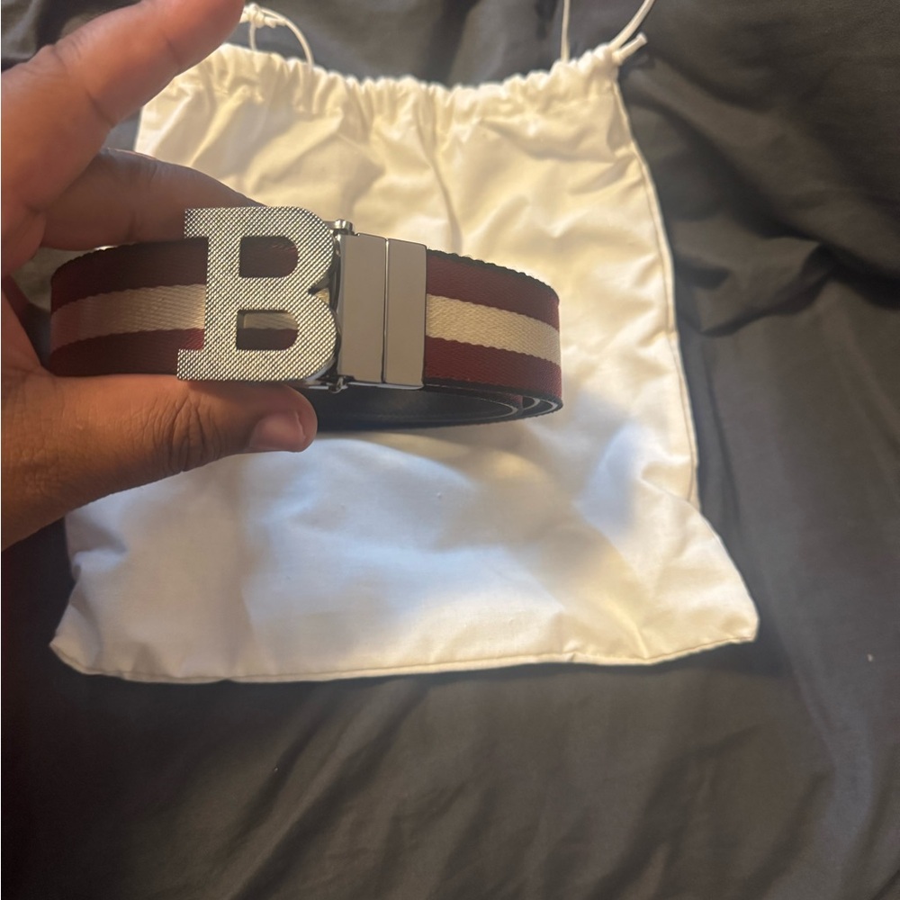 Bally Black Leather Belt with Red and White Stripes